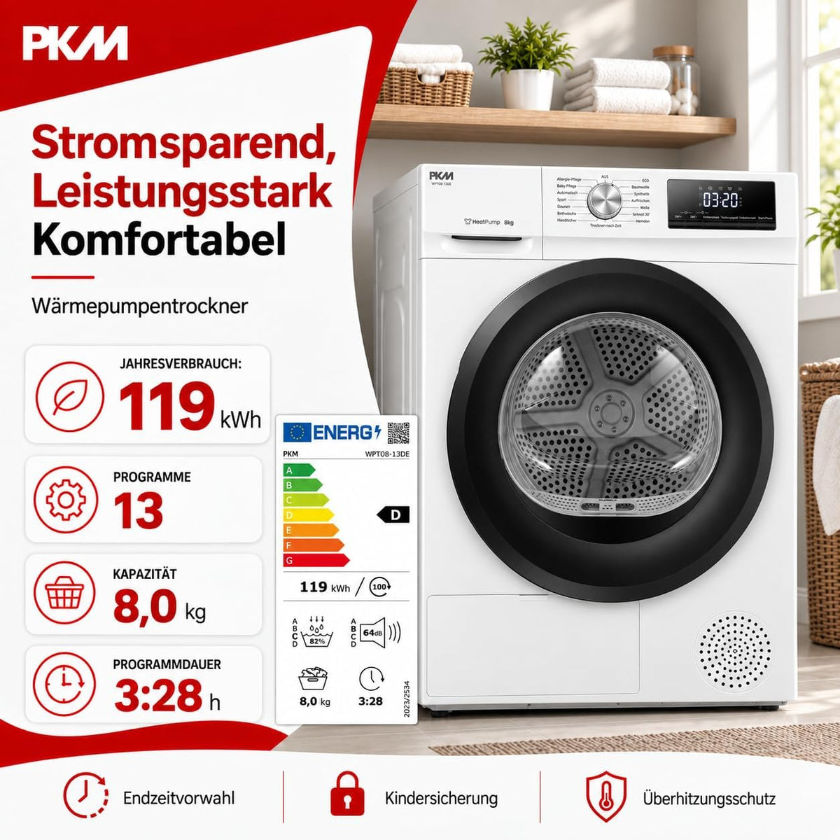 PKM WPTO8-13DE Wärmepumpentrockner 8 kg