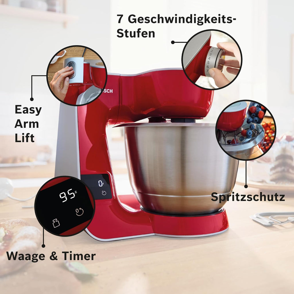 Bosch MUM5 MUM5X720 Küchenmaschine mit Waage, Silber/Dunkelrot