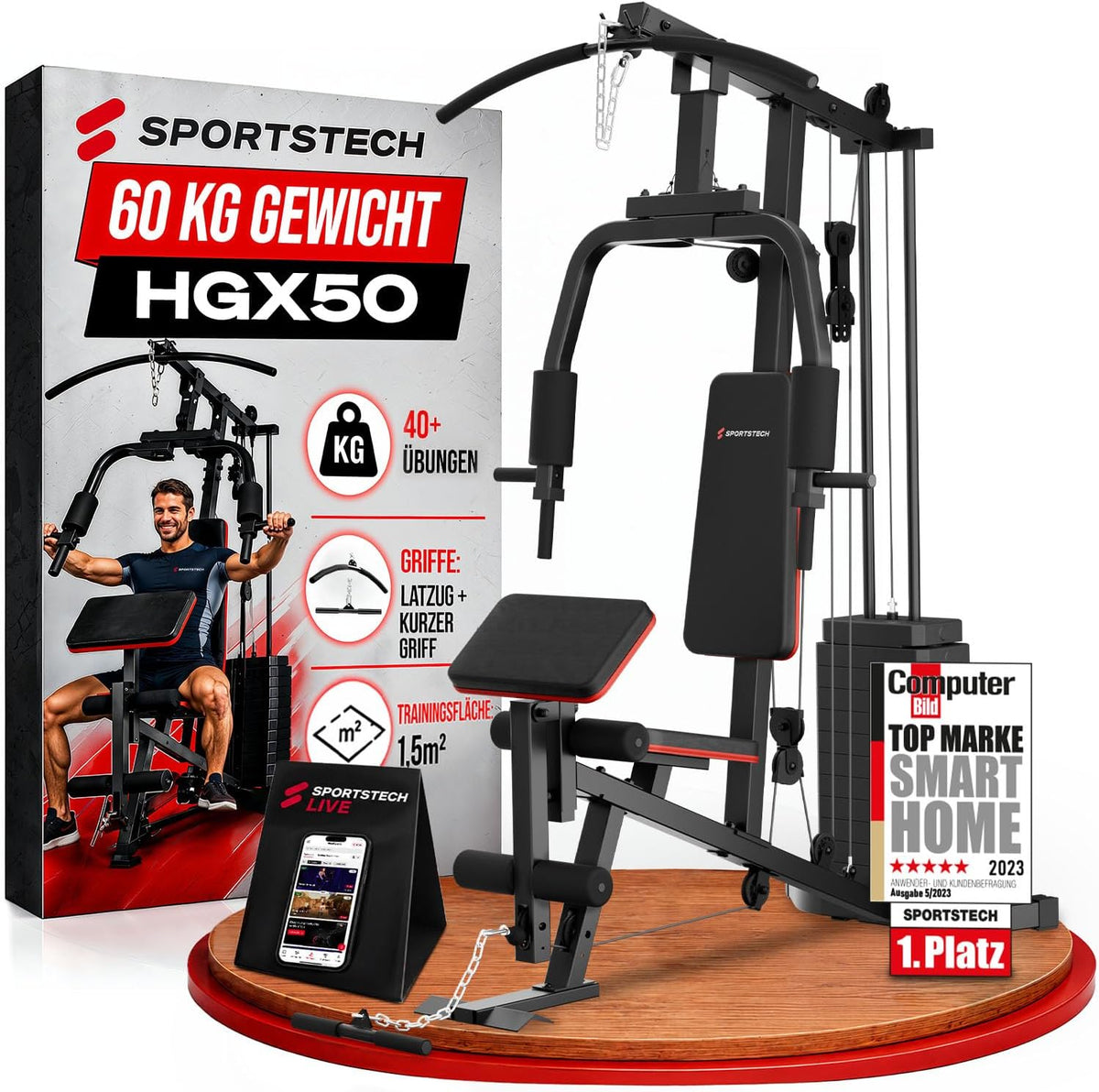 Sportstech HGX50 Kraftstation mit 60-kg-Gewichtsblock