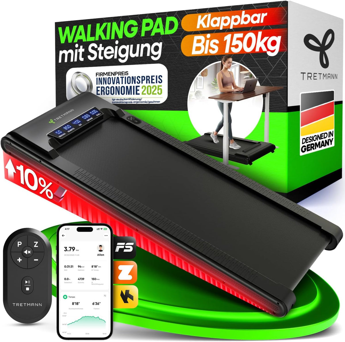 Tretmann klappbares Walking Pad mit 10 % Steigung