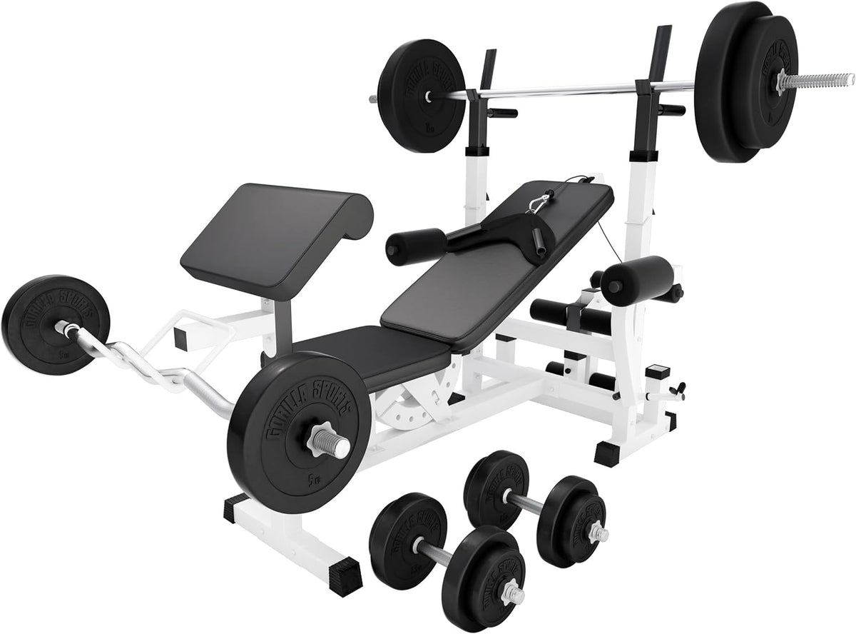 Gorilla Sports Hantelbank mit 100-kg-Set weiß