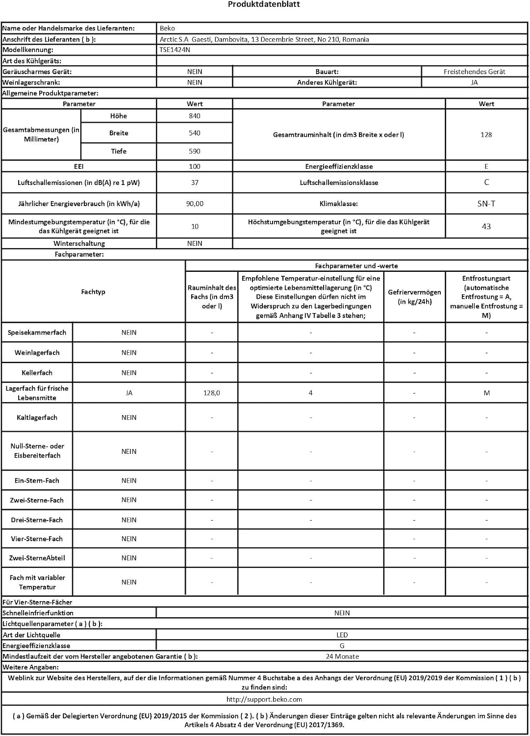 Beko TSE1424N Kühlschrank 128 L