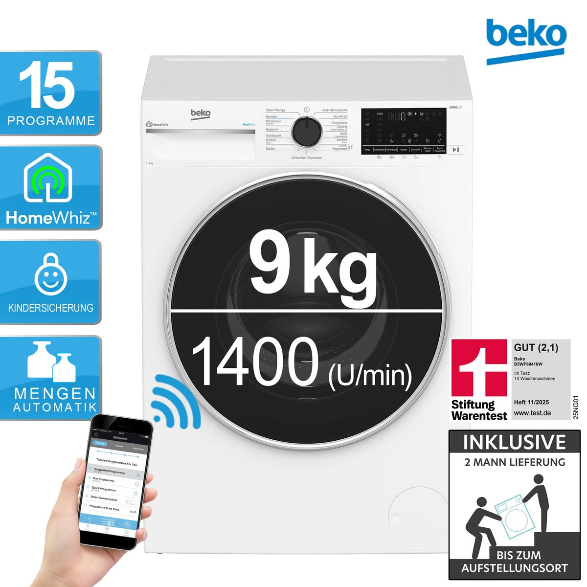 Beko B5WF69410W Waschmaschine 9kg – Produktbild 1