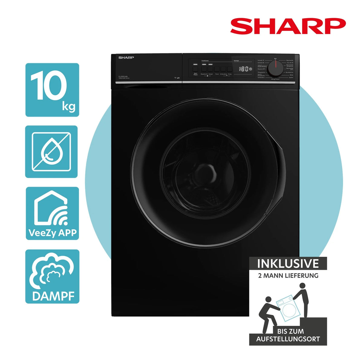 Sharp ES-PRO014BA-DE Waschmaschine 10kg Schwarz – Produktbild 1