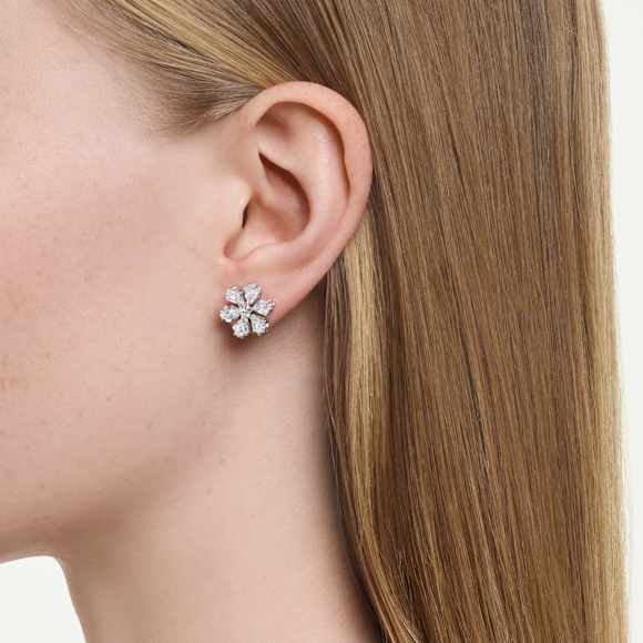 Swarovski Idyllia Ohrstecker, Verschiedene Schliffe, Schneeflocke, Weiß, Rhodiniert – 5754687_ms1