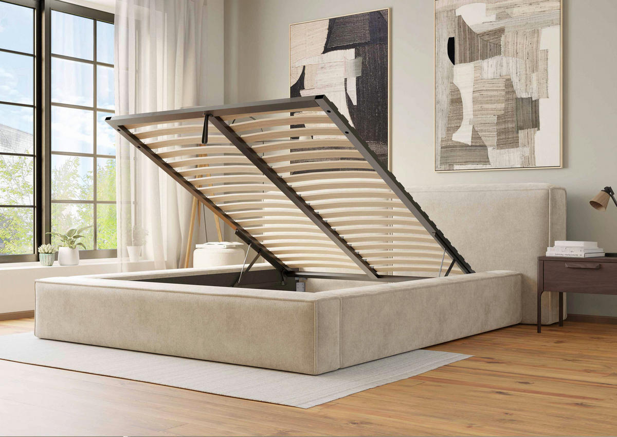 Boxxx POLSTERBETT 200/200 cm, in Beige, Lattenrost, Bettkasten,