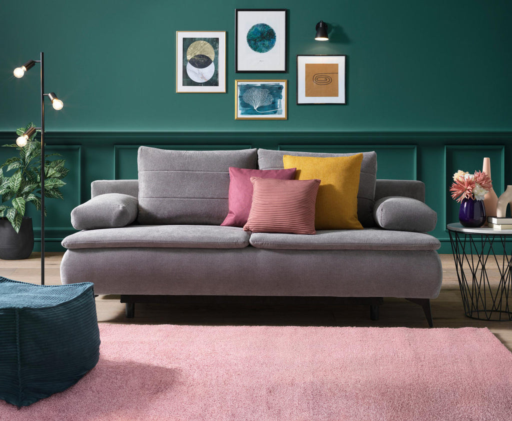 Novel BOXSPRINGSOFA Flachgewebe Grau inkl. Rückenkissen, Bettkasten, Armlehnenkissen