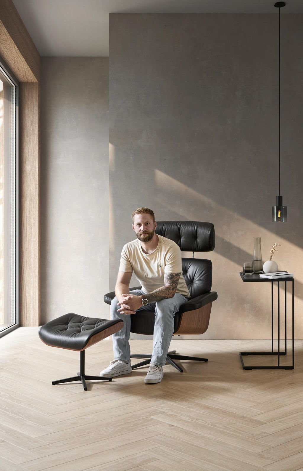 Xora RELAXSESSELSET Lederlook Kombination Echtleder/Lederlook Hocker, Kopfteilverstellung