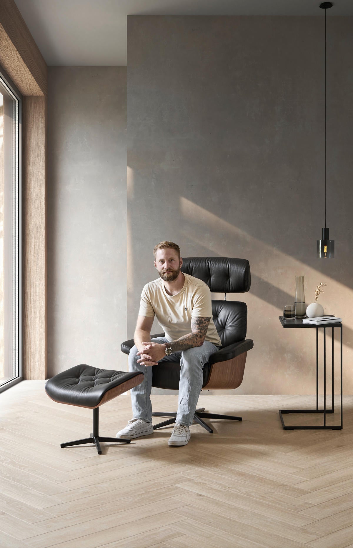 Xora RELAXSESSELSET Lederlook Kombination Echtleder/Lederlook Hocker, Kopfteilverstellung