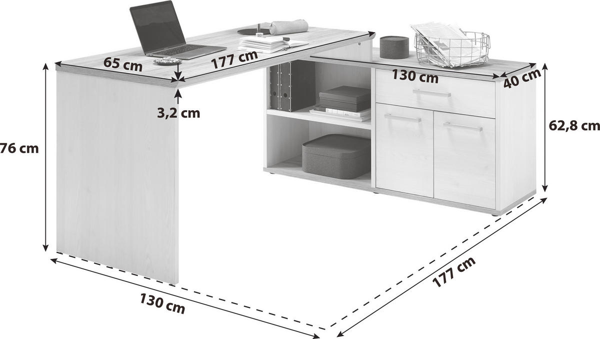 MID.YOU ECKSCHREIBTISCH 177/130/76 cm Weiß, Eichefarben