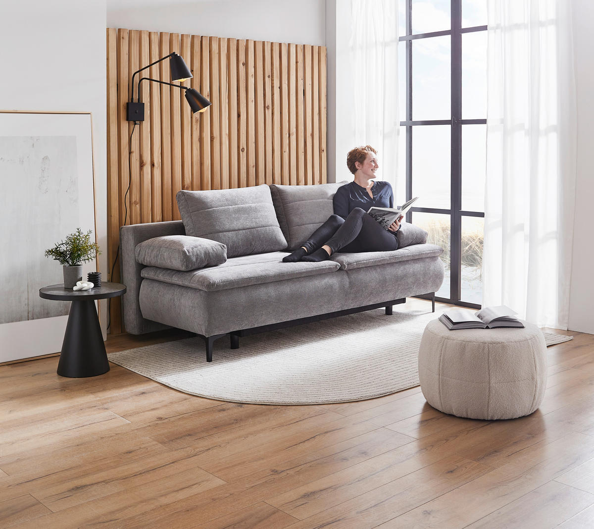 Novel BOXSPRINGSOFA Flachgewebe Grau inkl. Rückenkissen, Bettkasten, Armlehnenkissen