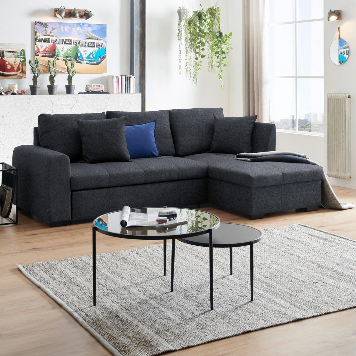 Xora ECKSOFA inkl.Funktionen Dunkelgrau Webstoff Zierkissen, Rückenkissen, Bettkasten, Schlaffunktion