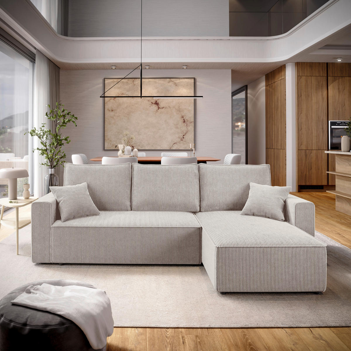 Carryhome ECKSOFA Naturfarben Cord Zierkissen, Rückenkissen, Bettkasten, Schlaffunktion, Rücken echt, Liegefläche im Originalstoff