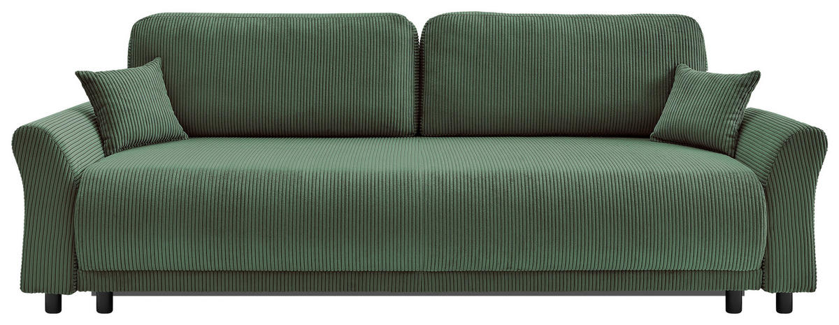 P & B SCHLAFSOFA Malta Cord Grün inkl. Zierkissen, Rückenkissen, Bettkasten, Schlaffunktion, Rücken echt