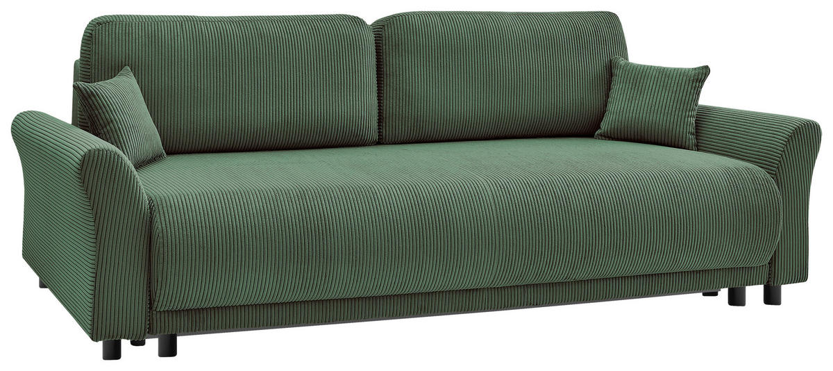 P & B SCHLAFSOFA Malta Cord Grün inkl. Zierkissen, Rückenkissen, Bettkasten, Schlaffunktion, Rücken echt