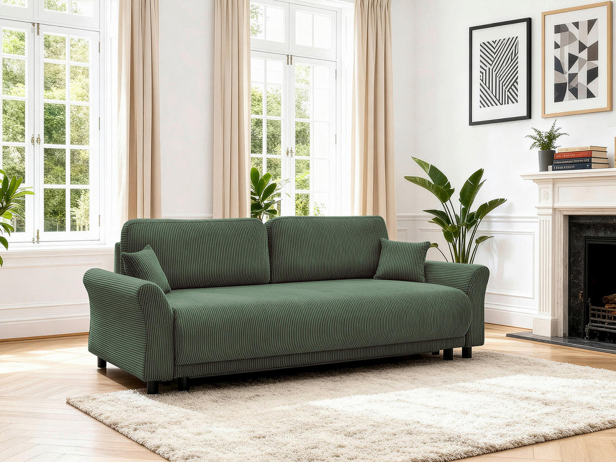 P & B SCHLAFSOFA Malta Cord Grün inkl. Zierkissen, Rückenkissen, Bettkasten, Schlaffunktion, Rücken echt
