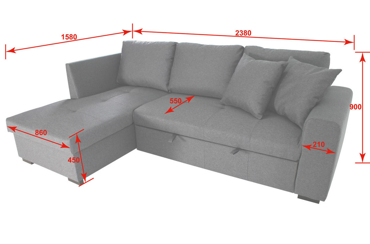 Xora ECKSOFA inkl.Funktionen Dunkelgrau Webstoff Zierkissen, Rückenkissen, Bettkasten, Schlaffunktion